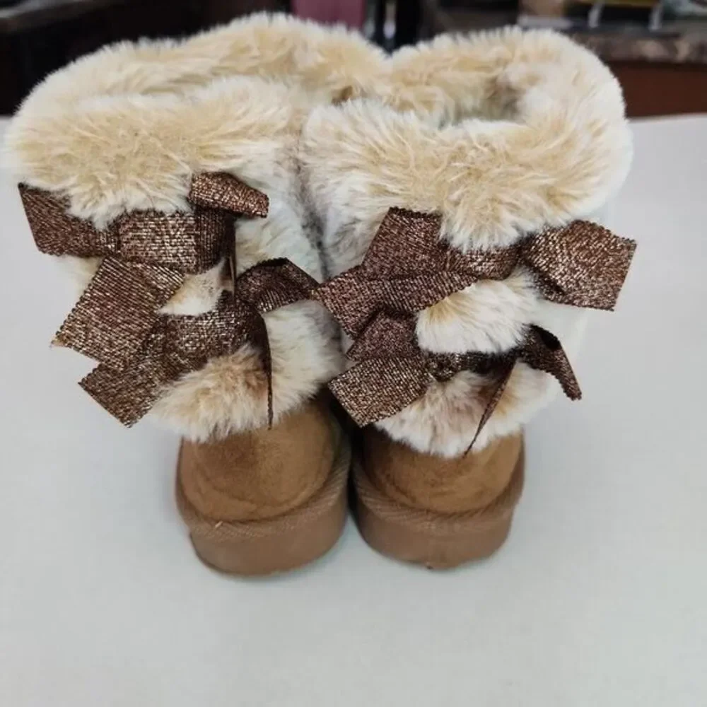 First‎ Steps Slipper Boots Kids Size 8 Brown Cream Ankle Faux Fur Soft Sole Cozy